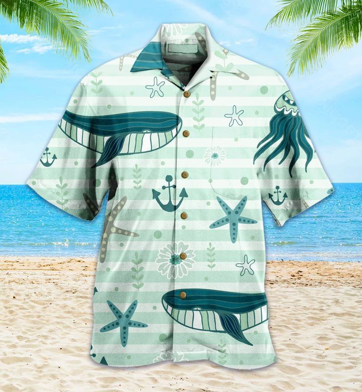 Pattern Cute Whales Jellyfishes Green Trendy Hawaiian Shirt 3D Summer Gifts