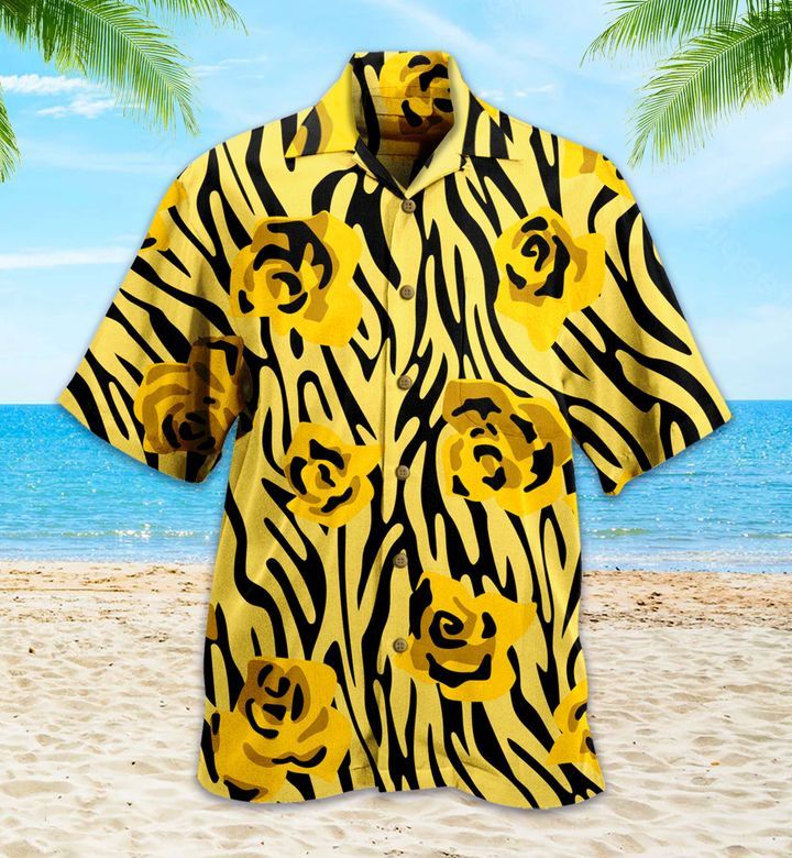 Pattern Made Roses Buds Zebra Yellow Trendy Hawaiian Shirt 3D Pattern Made Roses Buds Zebra Yellow Trendy Hawaiian Shirt 3D