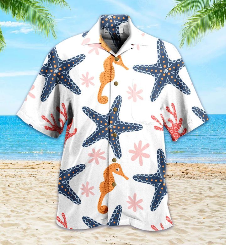 Pattern Seahorse Starfish Corals White Hawaiian Shirt 3D Summer Gifts