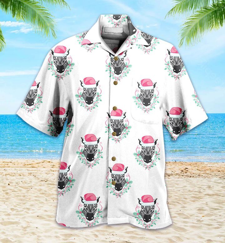 Pattern Zebra Santa Claus Hat White Hawaiian Shirt 3D