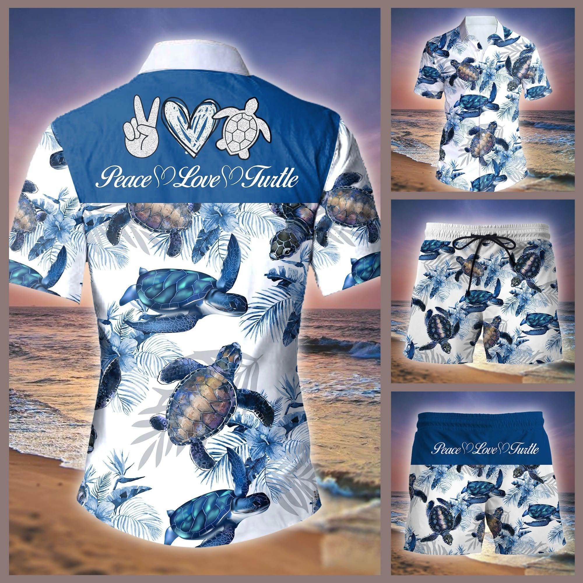 Peace and Love Turtle Set on Unisex Hawaiian Shirt