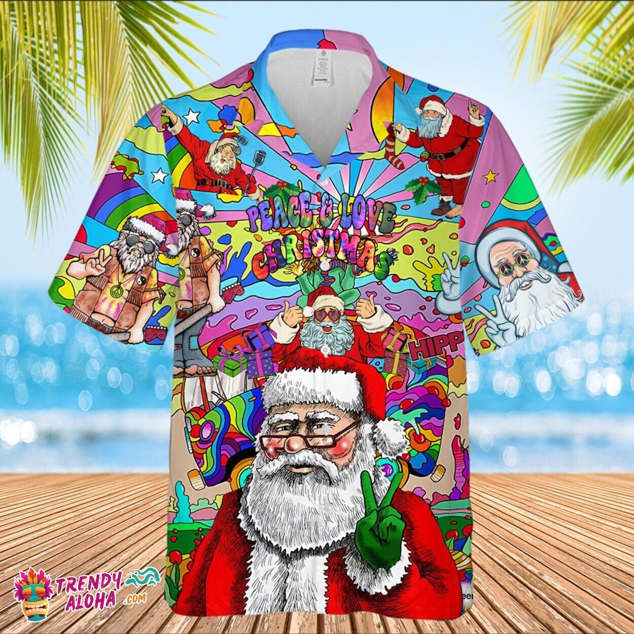 Peace Love Christmas Santa Hippie Pattern Unique Hawaiian Shirt