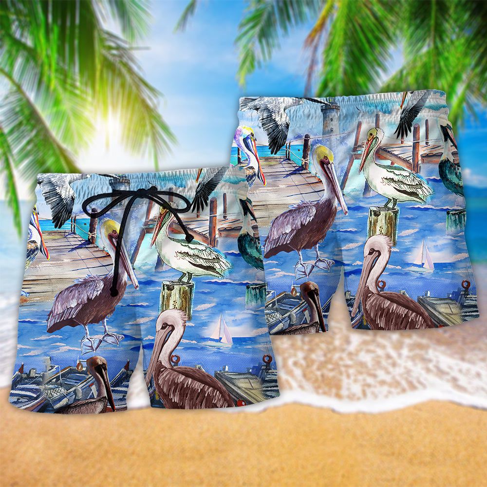 Pelican Animals Love Beach Trendy Aloha Hawaiian Beach Shorts