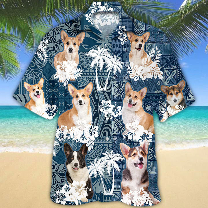 Pembroke Welsh Corgi Hawaiian Tropical Plants Pattern Blue And White All Over Printed 3D Hawaiian Shirt