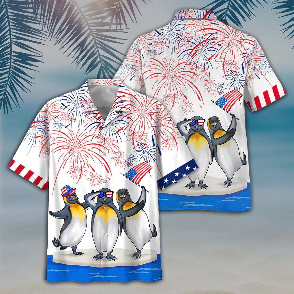 Penguins Celebrate Independence Patriotic Hawaiian Shirt