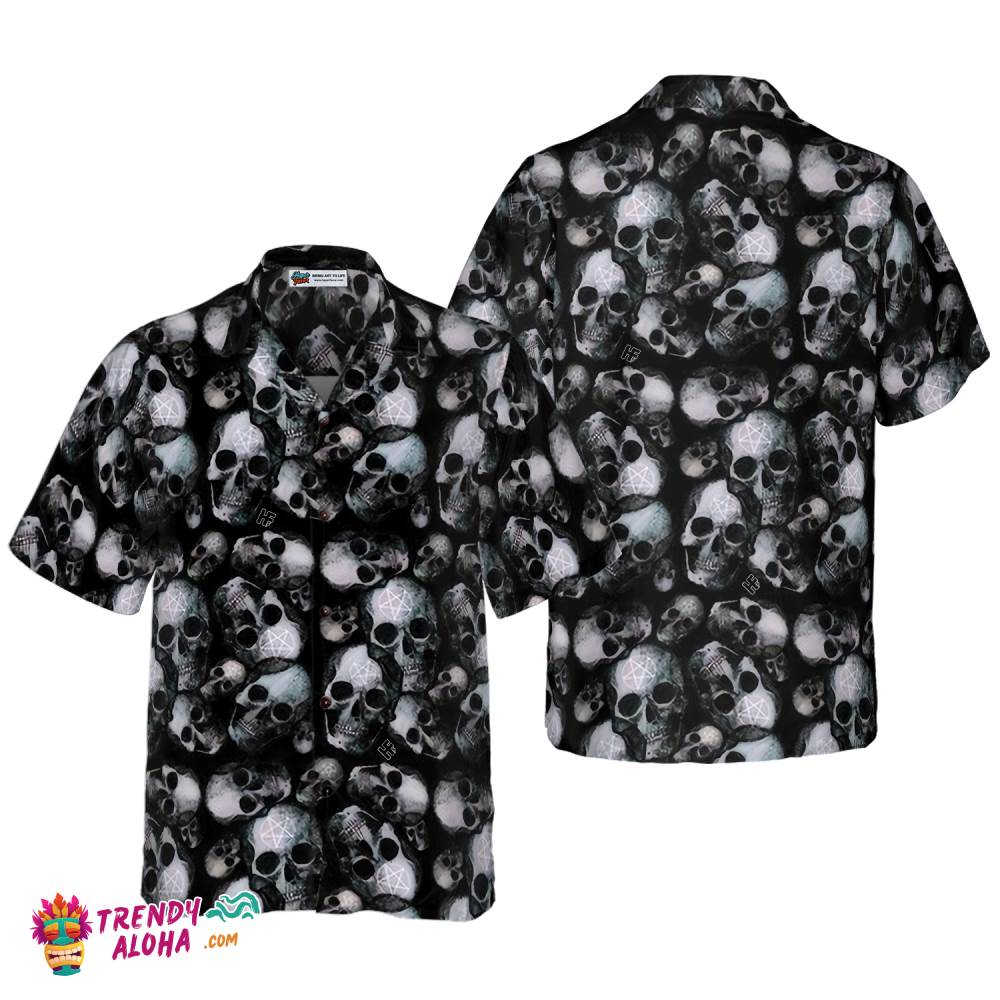 Pentagram Gothic Skull Hawaiian Shirt For Men, Black Skull Pattern All Over Print Hawaiian Shirt