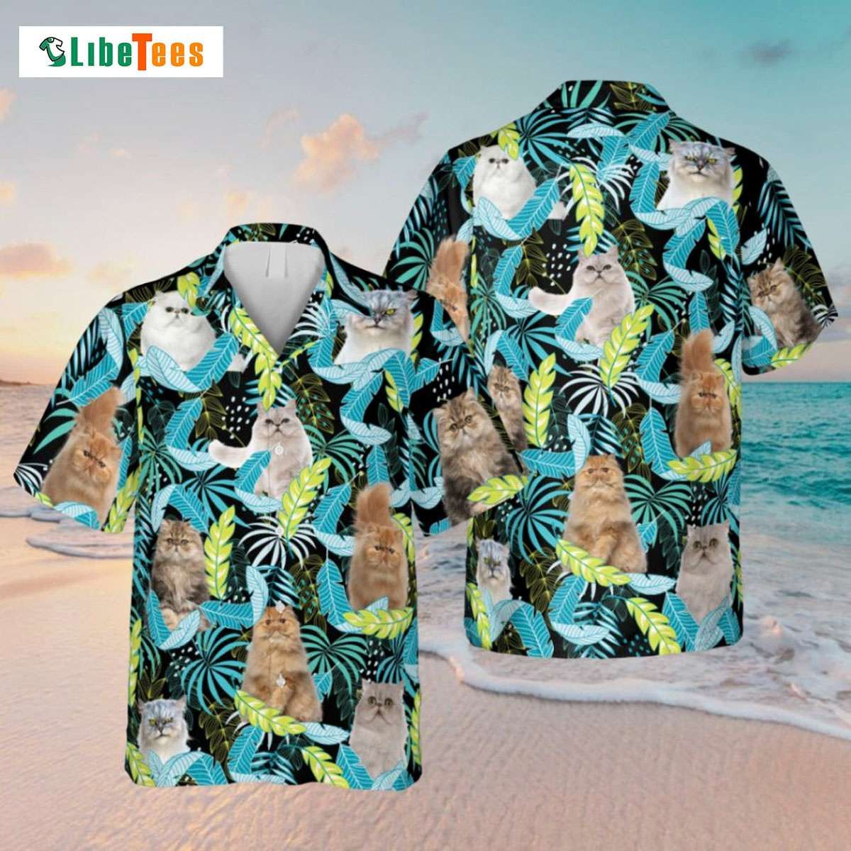 Persian Cat and Neon Leaves on Hawaiian Shirt