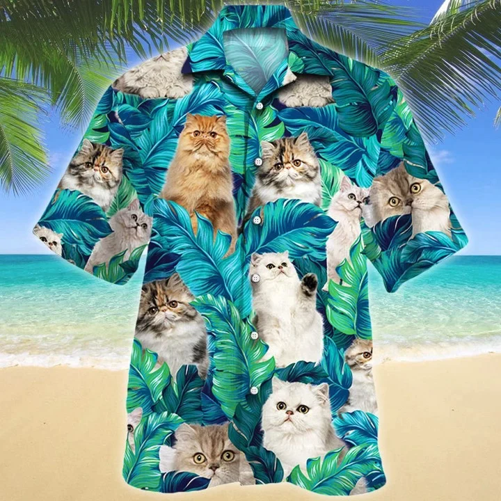 Persian Cat Lovers Gift Blue And Green Tropical Leave Trendy Hawaiian Shirt