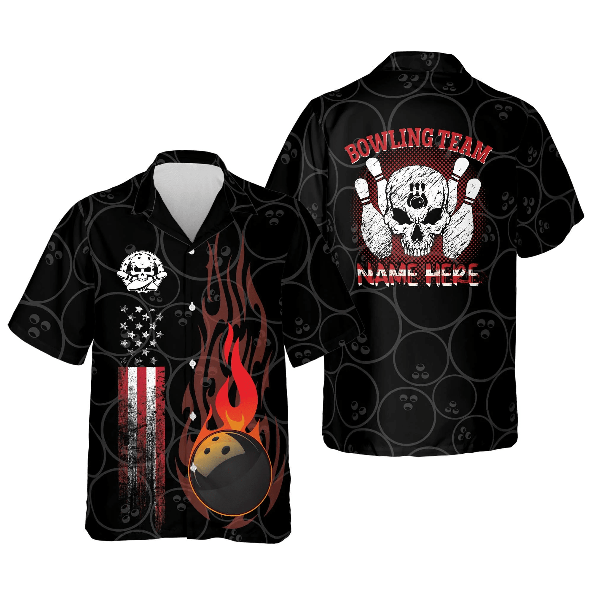 Personalized Bowling Trendy Hawaiian Shirt For Men, Funny Flame Skull Bowling Team
