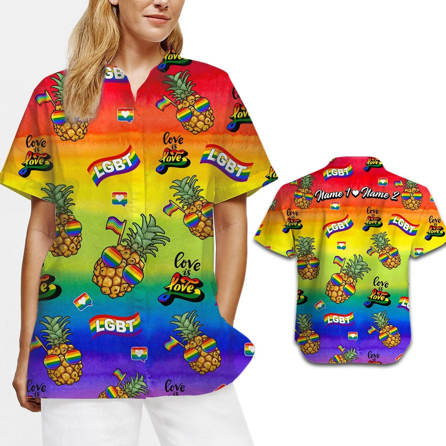Personalized Couple Lgbt Name Love Is Love Lgbt Rainbow Pineapples Hawaiian Shirt