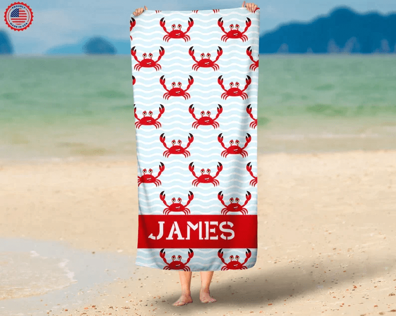Personalized Crab Name Beach Towels Custom Gift Perfect for Babies