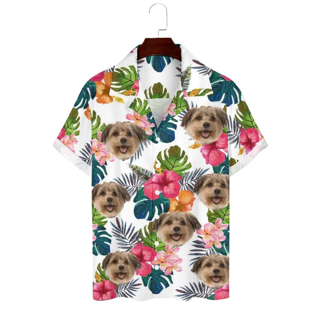 Personalized Cuban Collar Shirt With Dog Face Tropical Flower Create Your Own Trendy Hawaiian Shirt For Husband Or Boyfriend