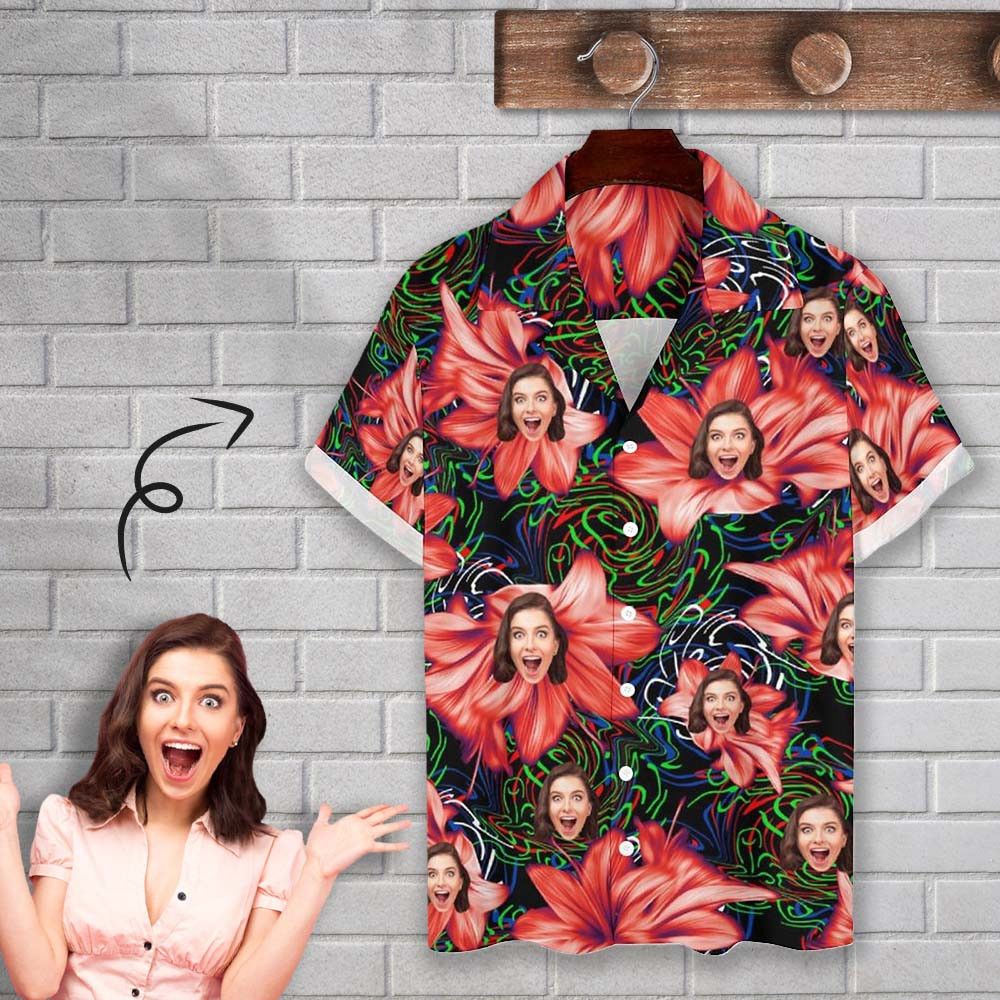 Personalized Cuban Collar Shirt With Face Red Flowers Create Your Own Trendy Hawaiian Shirt For Husband Or Boyfriend Personalized Cuban Collar Shirt With Face Red Flowers Create Your Own Trendy Hawaiian Shirt For Husband Or Boyfriend