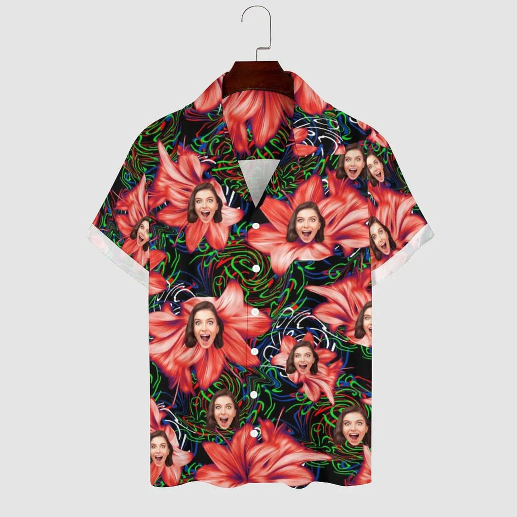 Personalized Cuban Collar Shirt With Face Red Flowers Create Your Own Trendy Hawaiian Shirt For Husband Or Boyfriend