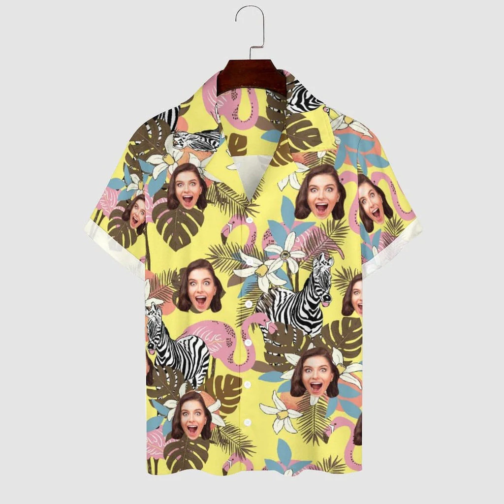 Personalized Cuban Collar Shirt With Face Yellow Zebra Create Your Own Trendy Hawaiian Shirt For Husband Or Boyfriend