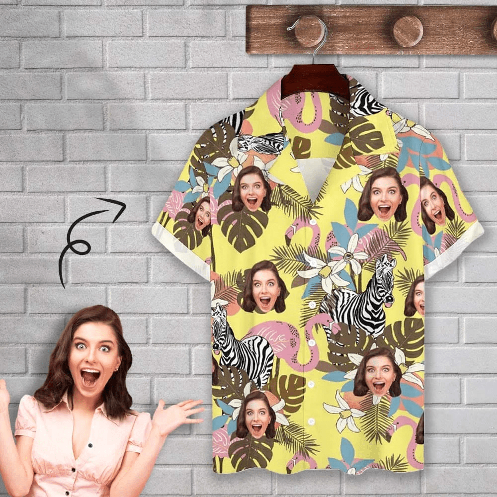 Personalized Cuban Collar Shirt With Face Yellow Zebra Create Your Own Trendy Hawaiian Shirt For Husband Or Boyfriend Personalized Cuban Collar Shirt With Face Yellow Zebra Create Your Own Trendy Hawaiian Shirt For Husband Or Boyfriend
