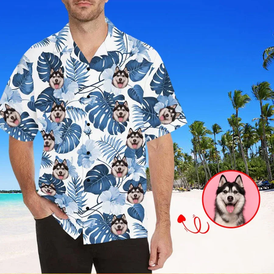 Personalized Dog Face Shirt, Personalized Trendy Hawaiian Shirt For Men, Floral Aloha Shirt Men