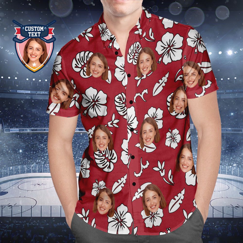 Personalized Face And Text Flower Red Pattern Trendy Hawaiian Shirt For Sport Fans, Custom Photo Sport Aloha Summer Shirt For Fans, Gift For Sport Lovers