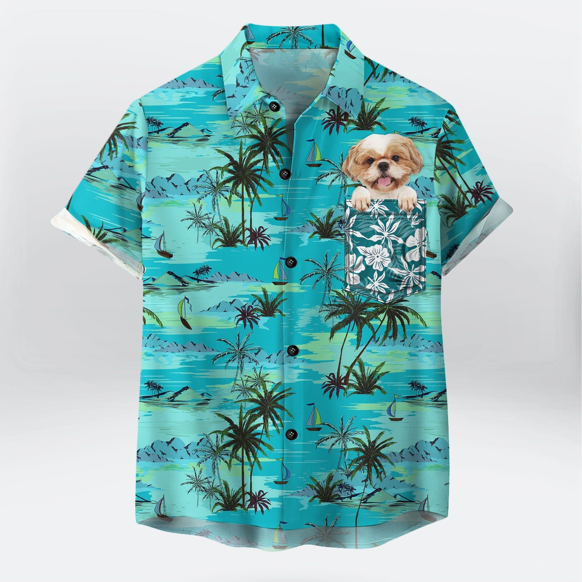 Personalized Gift For Pet Lovers Palm Tree, Beach & Ocean Pattern Turquoise Color Hawaiian Shirt