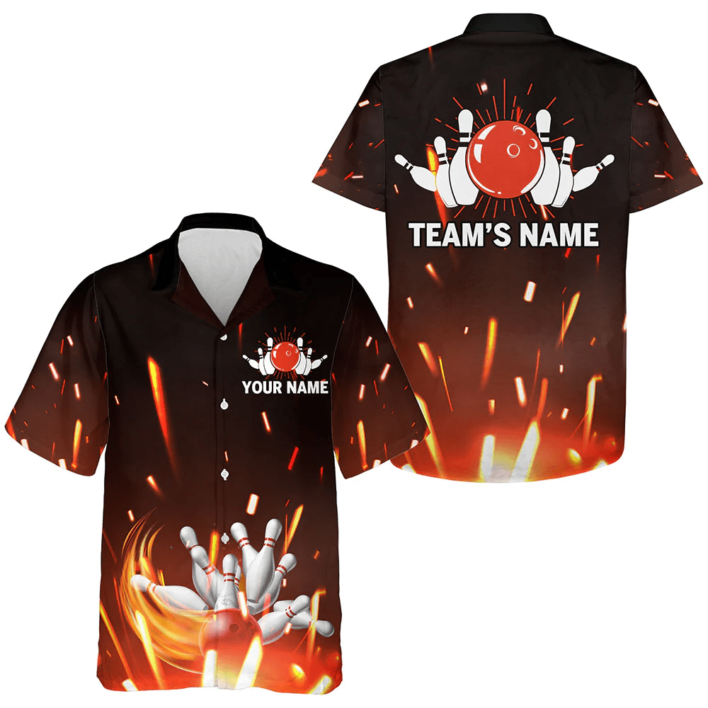 Personalized Hawaiian Bowling Shirt Flame, Bowling Ball And Pins Short Sleeve Team Bowlers Jersey Personalized Hawaiian Bowling Shirt Flame, Bowling Ball And Pins Short Sleeve Team Bowlers Jersey