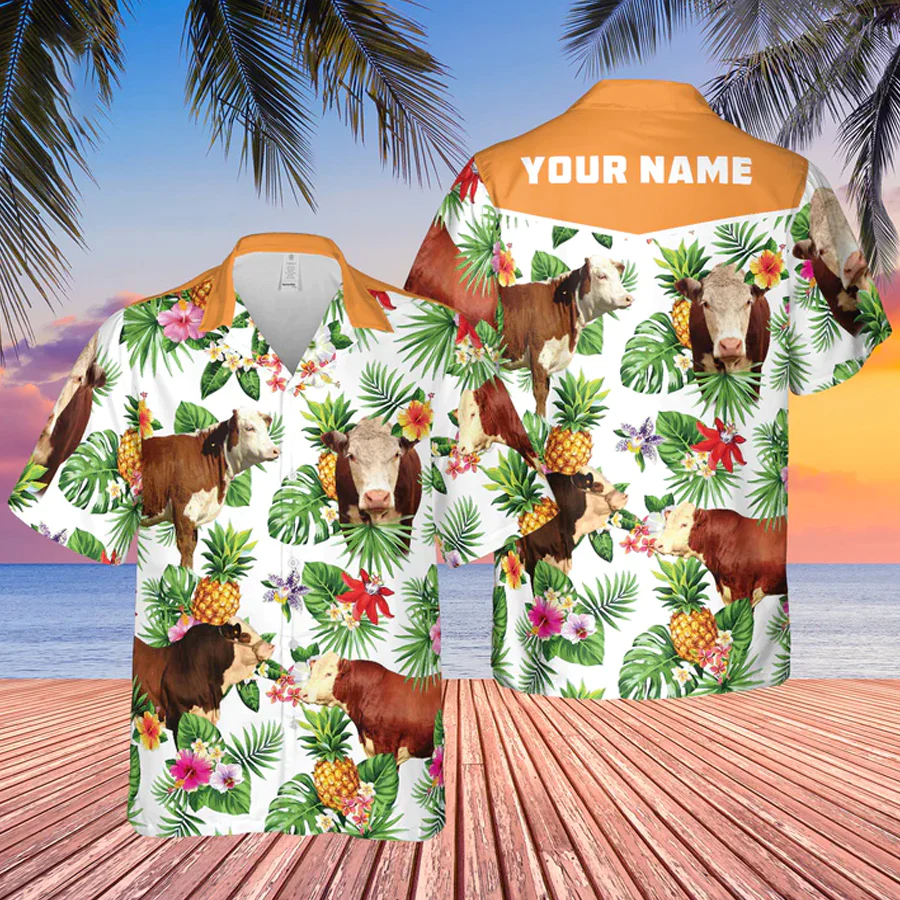 Personalized Name Hereford Cattle Pineapples All Over Printed 3D Trendy Hawaiian Shirt Personalized Name Hereford Cattle Pineapples All Over Printed 3D Trendy Hawaiian Shirt