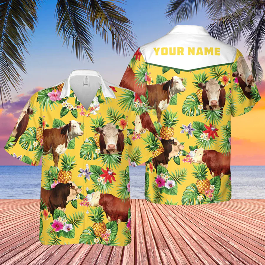 Personalized Name Hereford Cattle Pineapples All Over Printed 3D Trendy Hawaiian Shirt