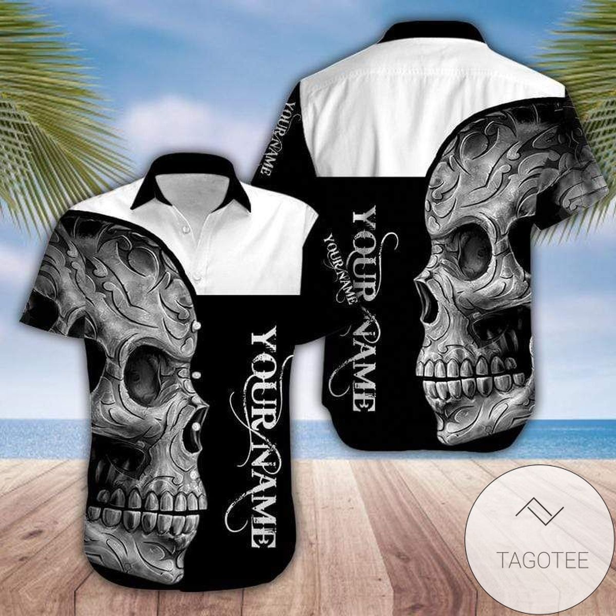 Personalized Name Theme Black White Skull Hawaiian Unisex Shirt Design