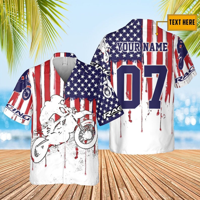 Personalized Patriotic Motocross Off-Road Trendy Hawaiian Shirt, American Riding Shirt