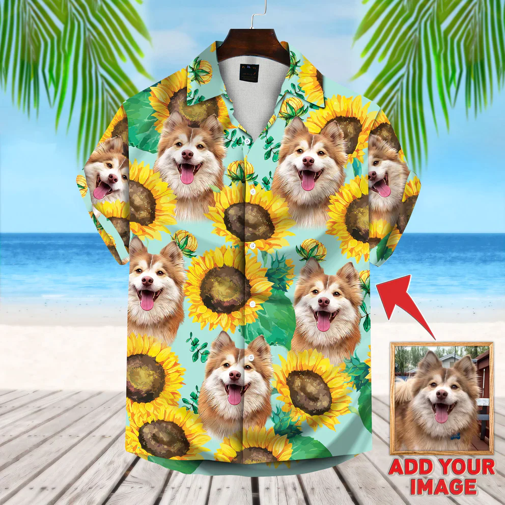 Personalized Photo Dog Custom Sunflower & Leaves Pattern Short-Sleeve Trendy Hawaiian Shirt, Aloha Shirt For Men, Summer Gift