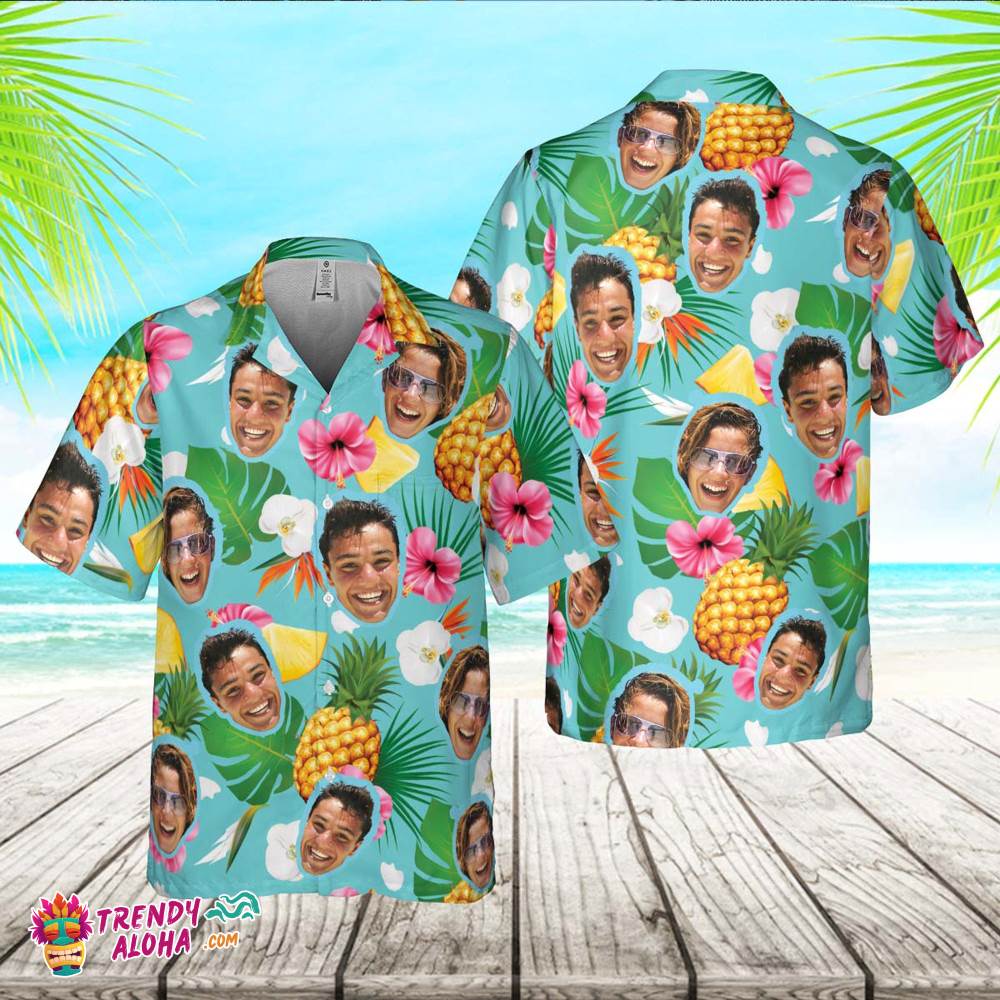 Personalized Photo Hawaiian Set Custom Face Hawaiian Set Tropical Pineapple Flamingo Shirt For Men Birthday Hawaiian Set Gift