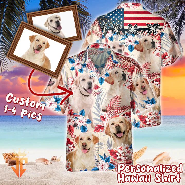 Personalized Photos For Dog Lovers United States Flag Flowers All Over Printed 3D Hawaiian Shirt