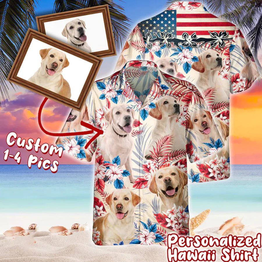 Personalized Photos For Dog Lovers United States Flag Flowers All Over Printed 3D Hawaiian Shirt