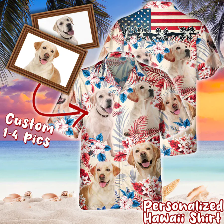 Personalized Photos For Dog Lovers United States Flag Flowers All Over Printed 3D Trendy Hawaiian Shirt