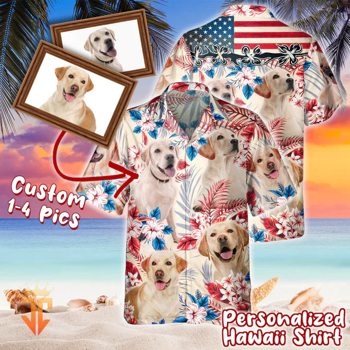 Personalized Photos For Dog Lovers United States Flag Flowers All Over Printed 3D Trendy Hawaiian Shirt