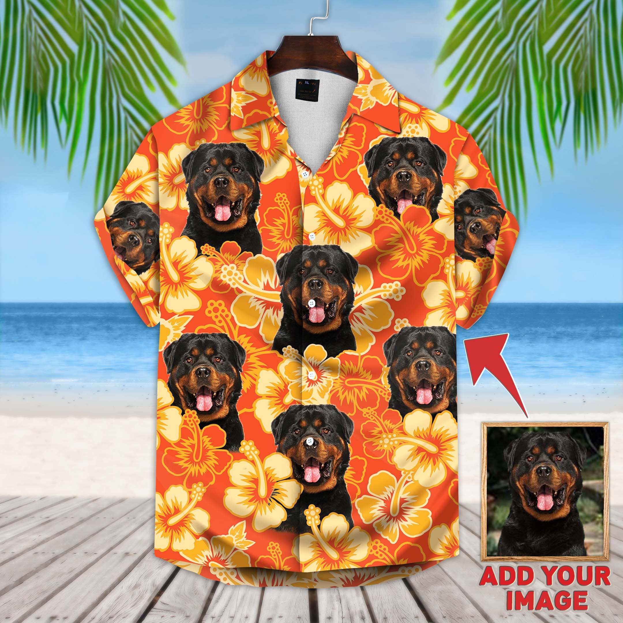 Personalized Puppy Lovers Gift Flowers Pattern Neon-Orange Color Hawaiian Shirt