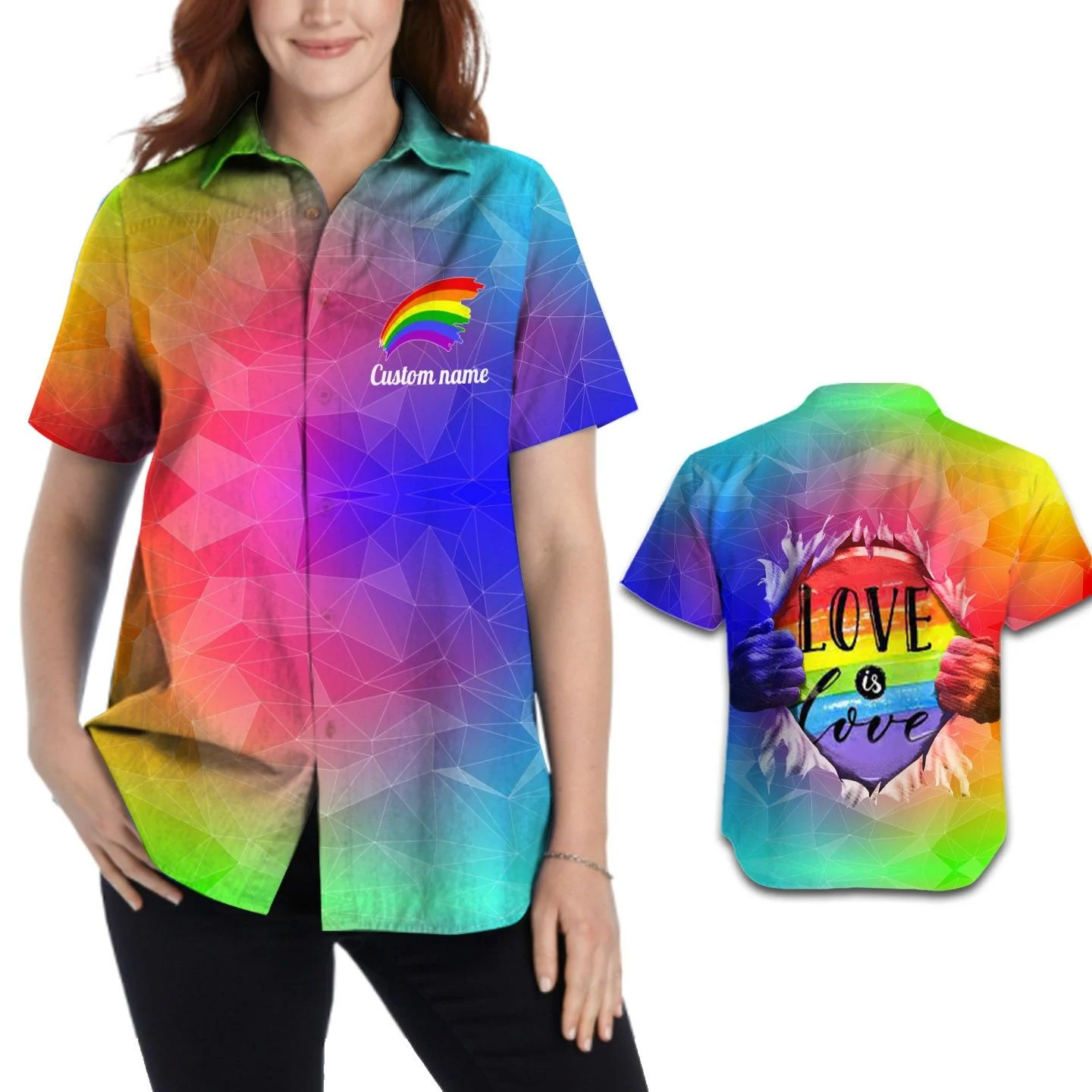 Personalized With Name Women Hawaiian Aloha Shirt Love Is Love Rainbow