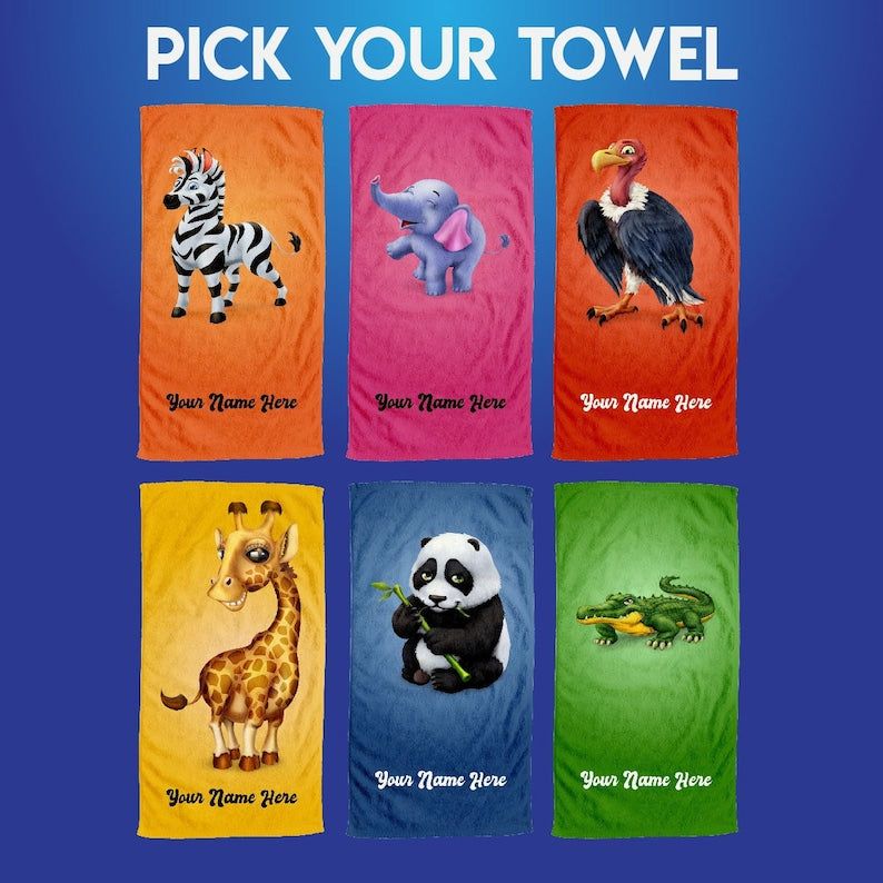 Personalized Zebra Panda Elephant Giraffe Alligator Beach Towels Kids Gift