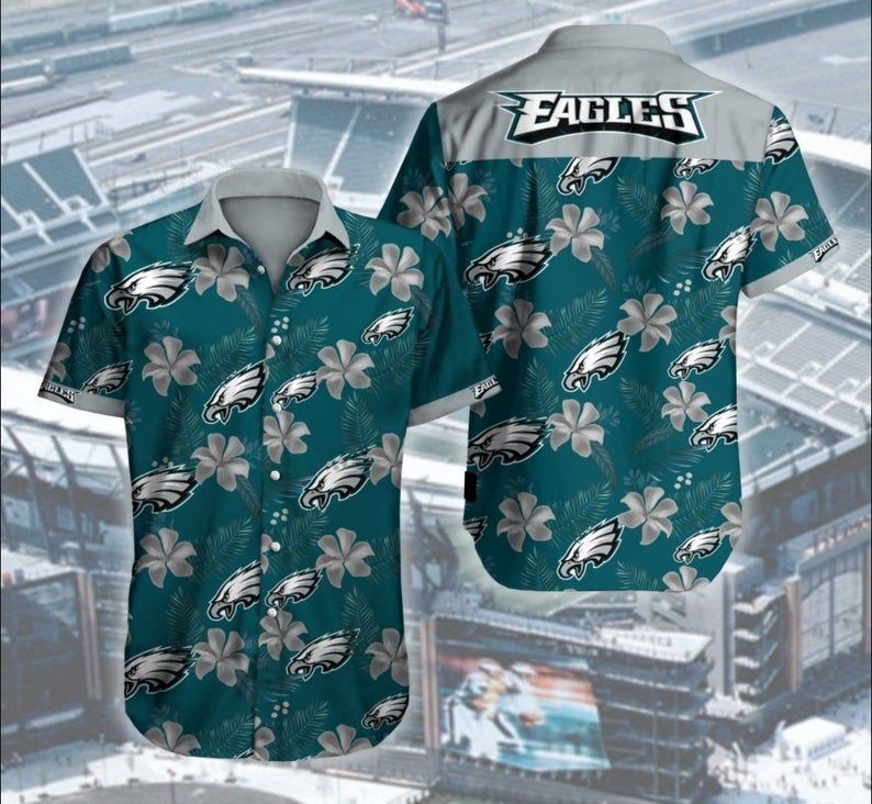 Philadelphia Eagles Hibiscus NFL Button Hawaiian Shirt: Graphic Print, Short Sleeve