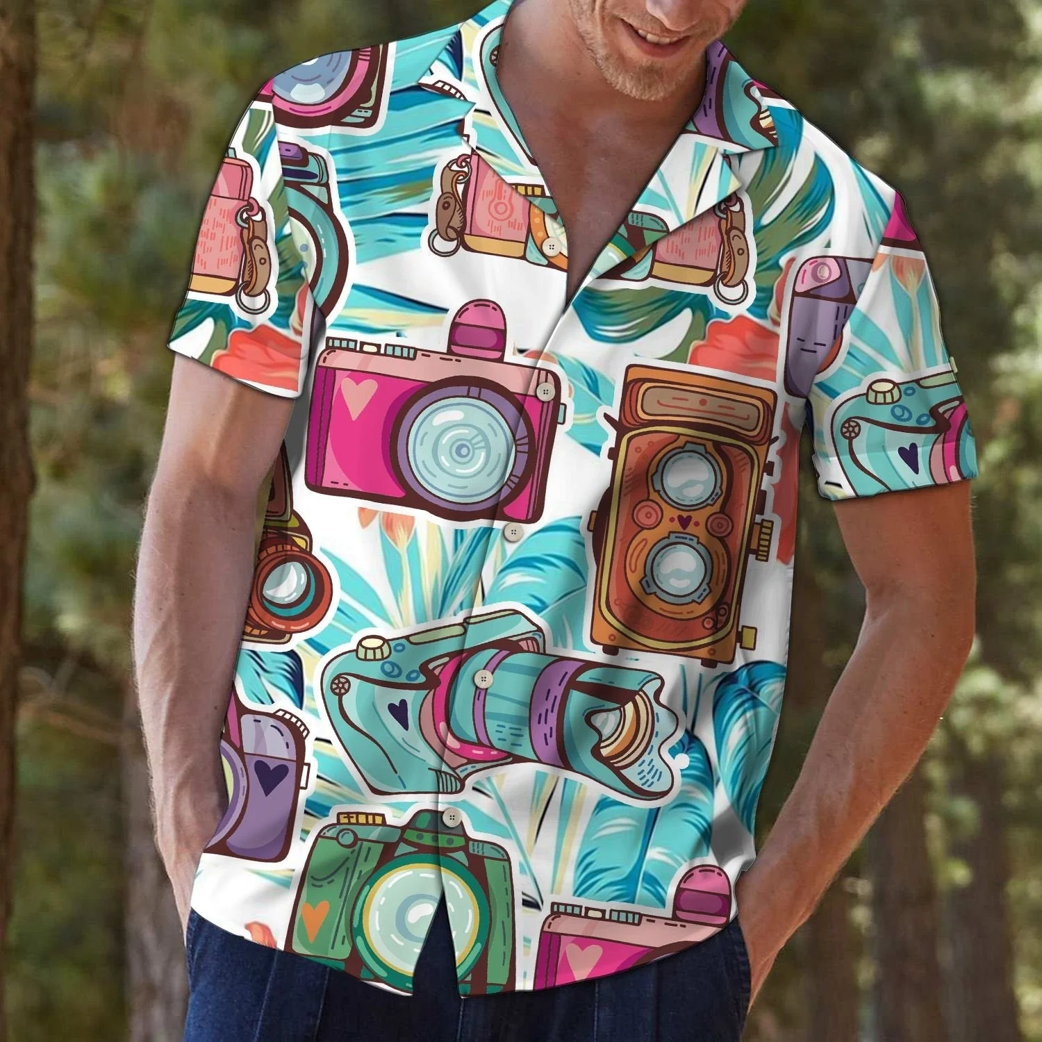 Photograph Blue Floral Trendy Hawaiian Shirt, Unisex Print Aloha Short Sleeve Casual Shirt Summer Gifts