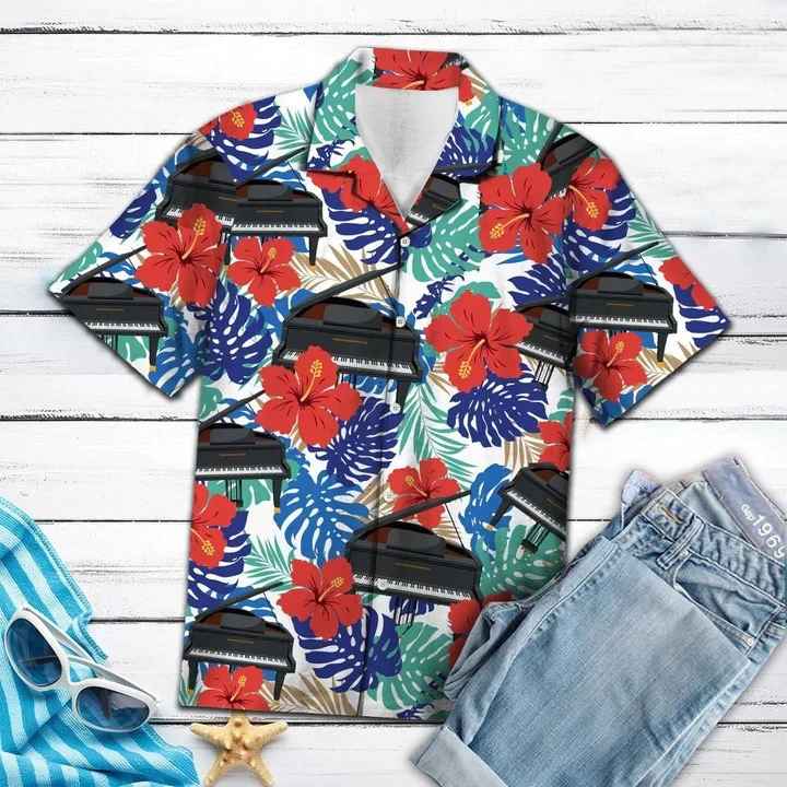 Piano With Red Hibiscus And Tropical Leaves Design Trendy Hawaiian Shirt Piano With Red Hibiscus And Tropical Leaves Design Trendy Hawaiian Shirt