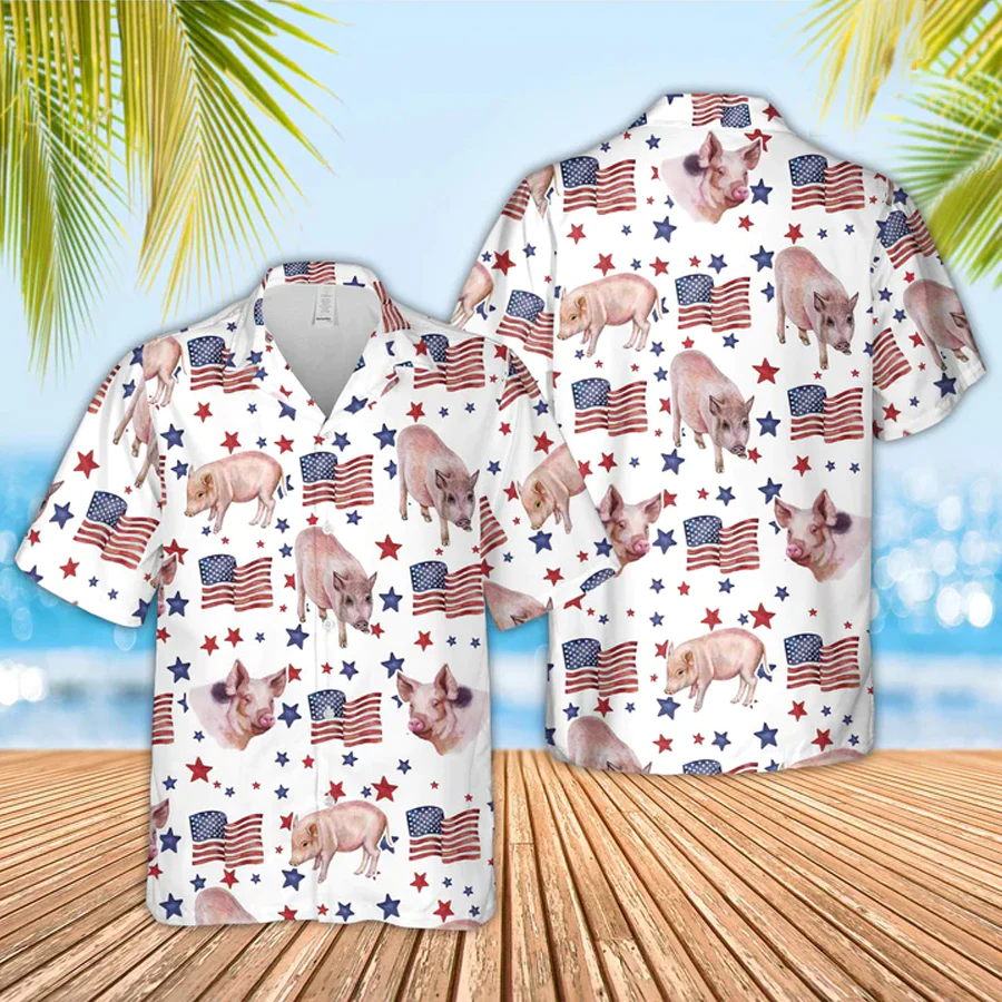 Pig American Flag Pattern Trendy Hawaiian Shirt, Funny Pig Trendy Hawaiian Shirt, 4Th Of July Trendy Hawaiian Shirt