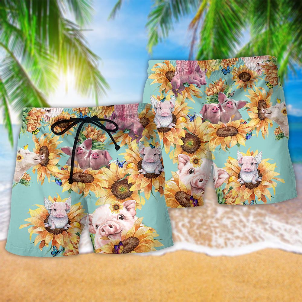 Pig Animals Amazing Pig Loves Sunflowers Trendy Aloha Hawaiian Beach Shorts