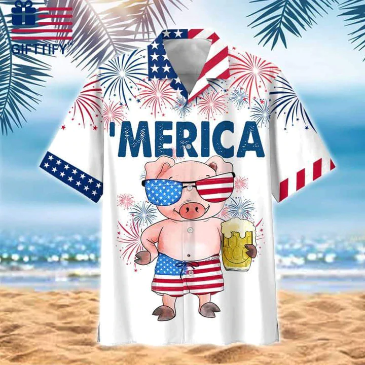 Pig Beer Trendy Hawaiian Shirt, 4Th Of July Trendy Hawaiian Shirt, Pig American Flag Trendy Hawaiian Shirts For Men, Women