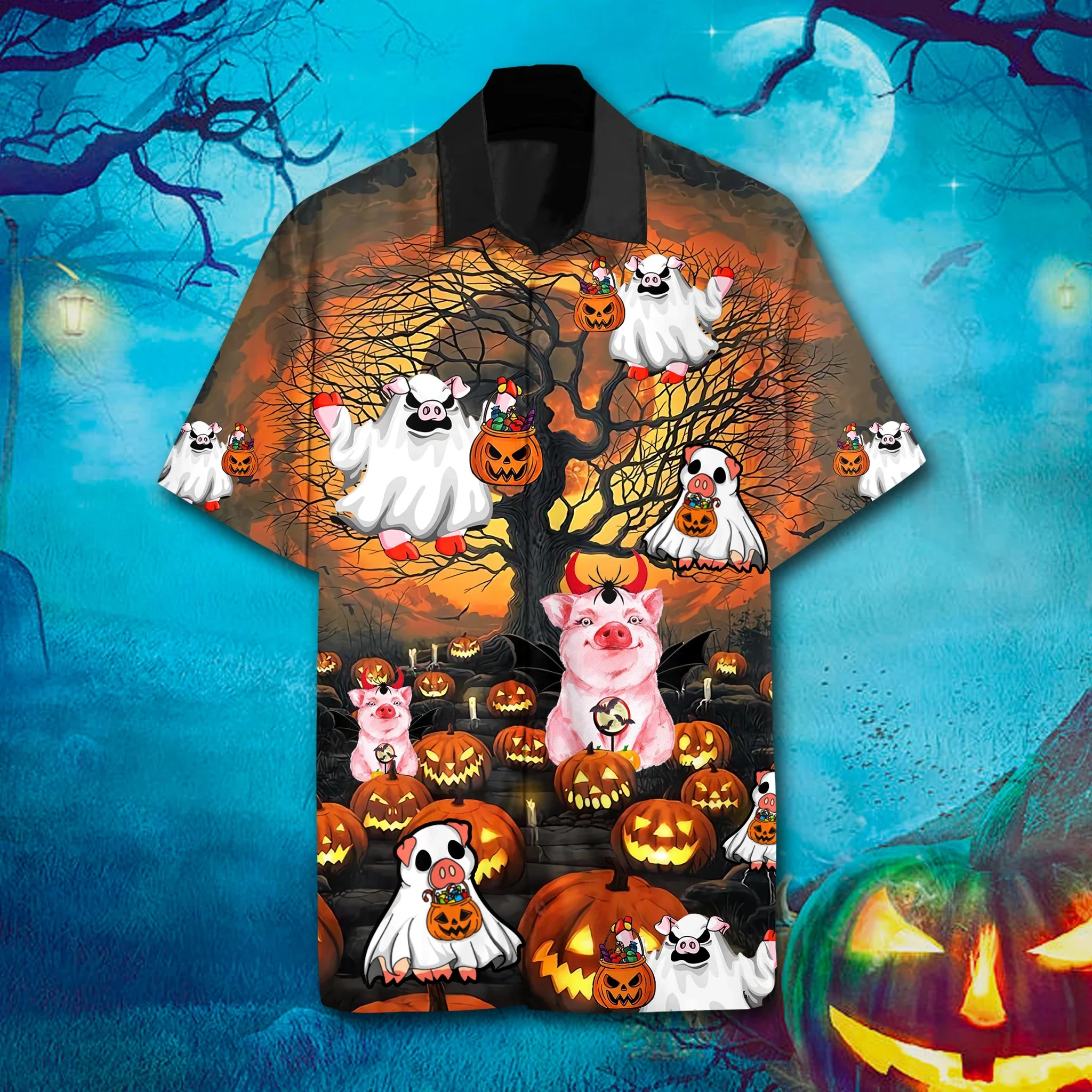 Pig Halloween Trendy Hawaiian Shirt, Unisex Print Aloha Short Sleeve Casual Shirt