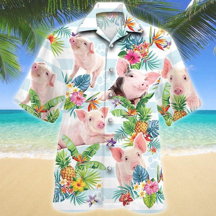 Pig Hawaiian Theme Pineapple Tropical Flower All Printed 3D Hawaiian Shirt