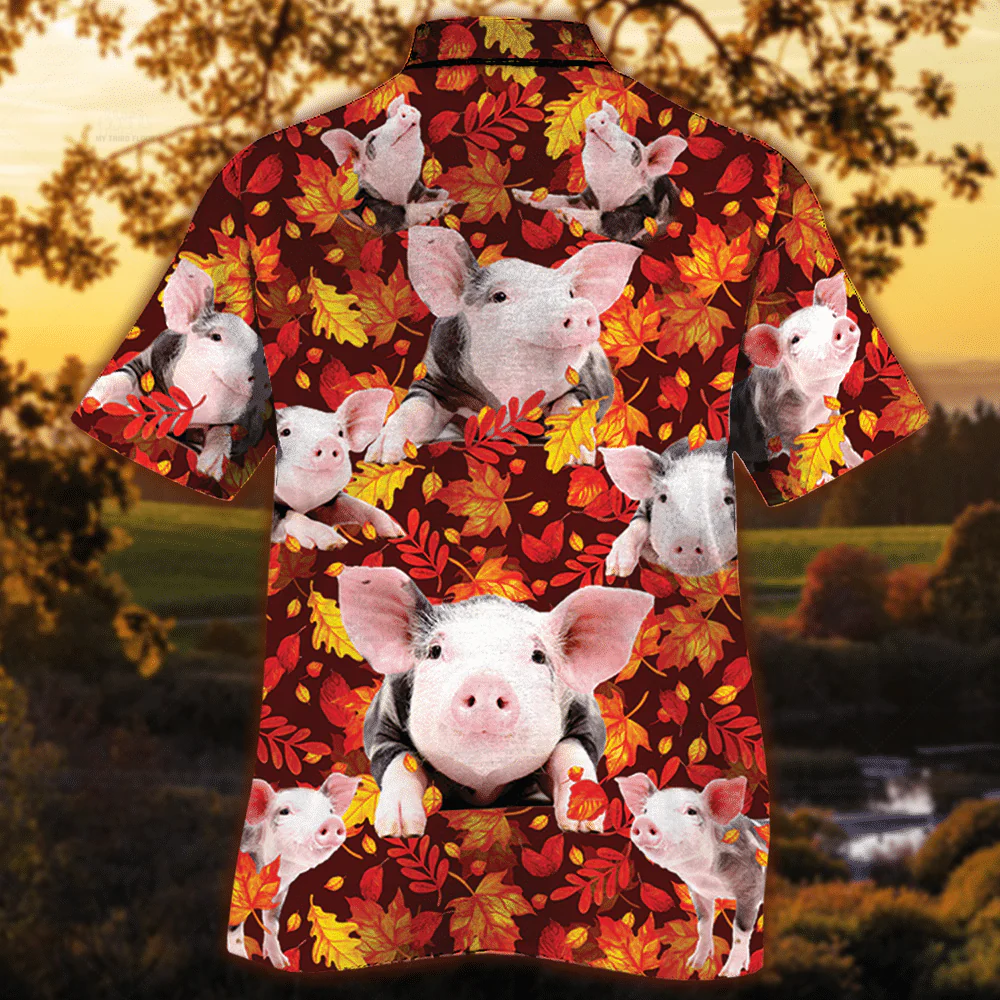 Pig Lovers Autumn Red Leaves Trendy Hawaiian Shirt, Unisex Print Aloha Short Sleeve Casual Shirt Summer Gifts