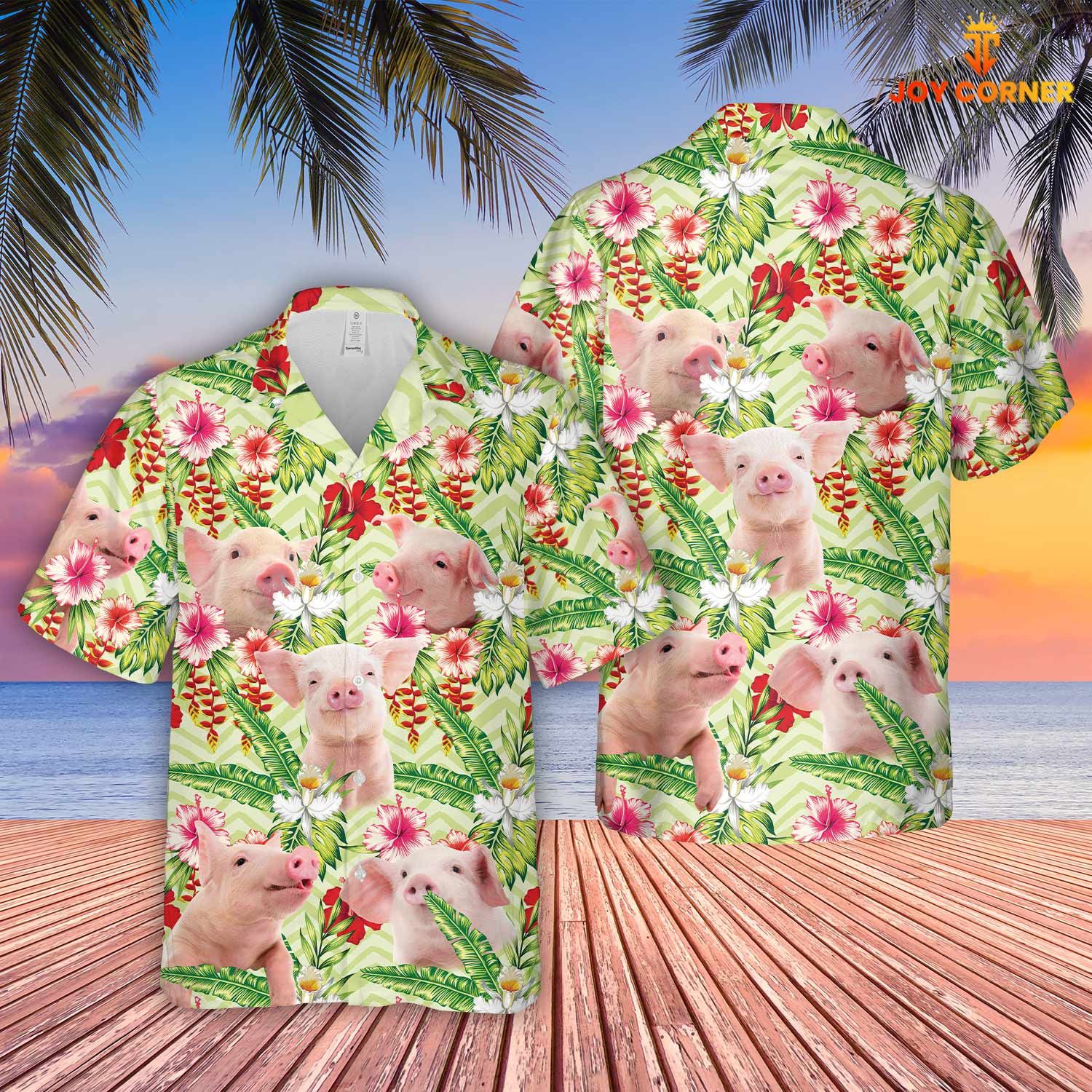 Pig Themed Hawaiian Shirt With Hibicus Floral Display In 3D Print Quality Top