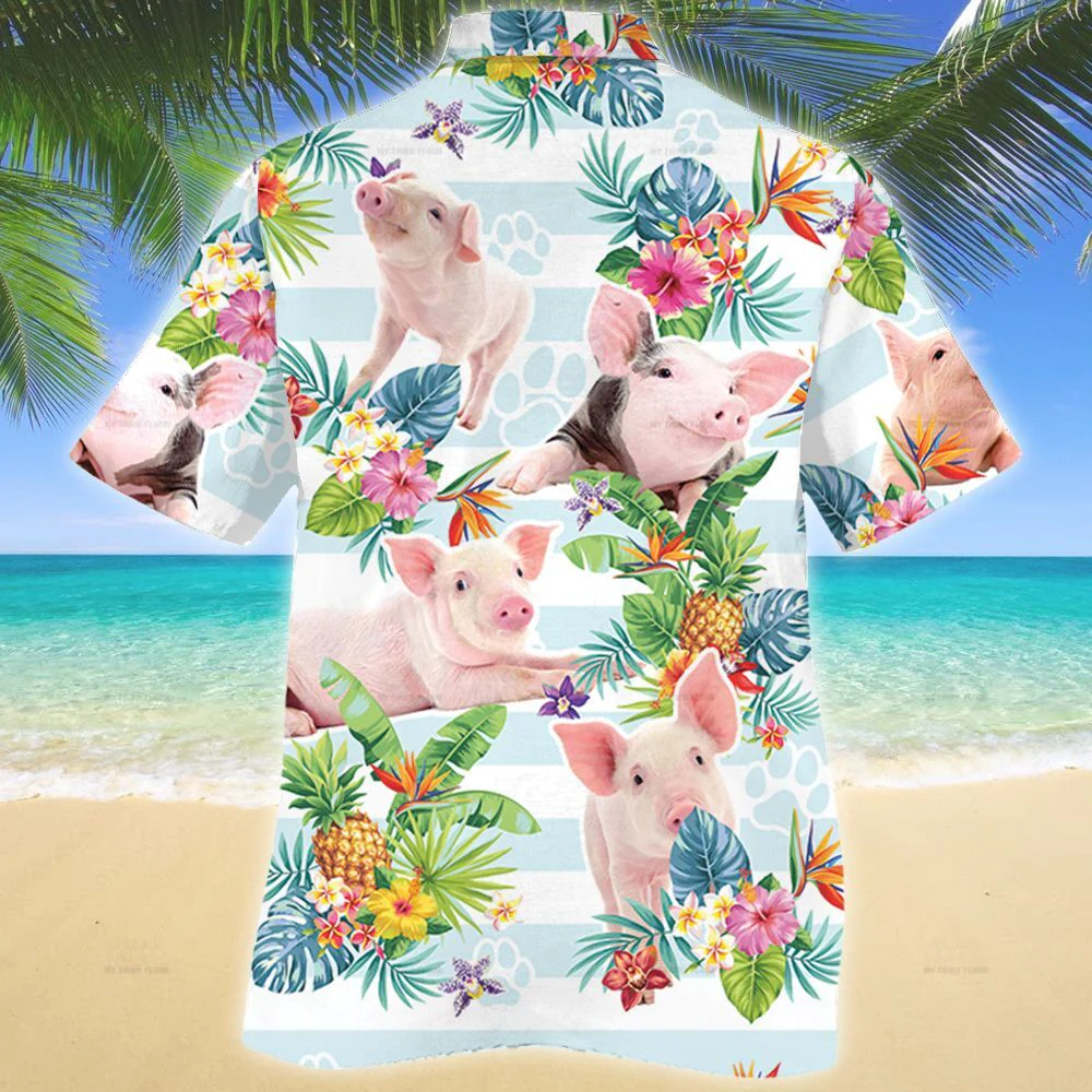 Pig Tropical Flower Trendy Hawaiian Shirt, Unisex Print Aloha Short Sleeve Casual Shirt Summer Gifts