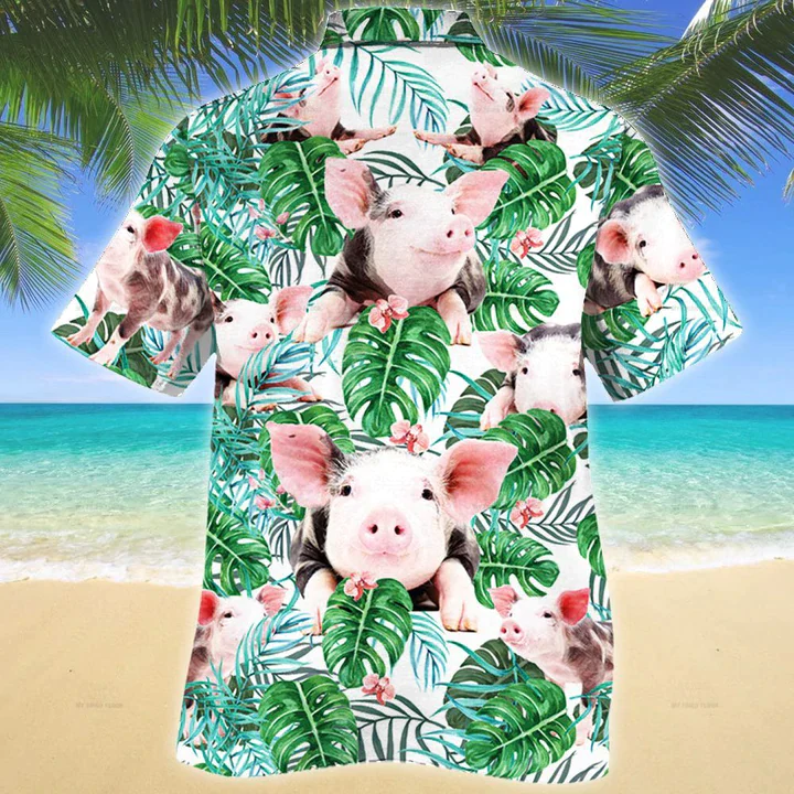 Pig Tropical Plant Trendy Hawaiian Shirt, Summer Men Trendy Hawaiian Shirts – Casual Button Down Short Sleeve Shirt