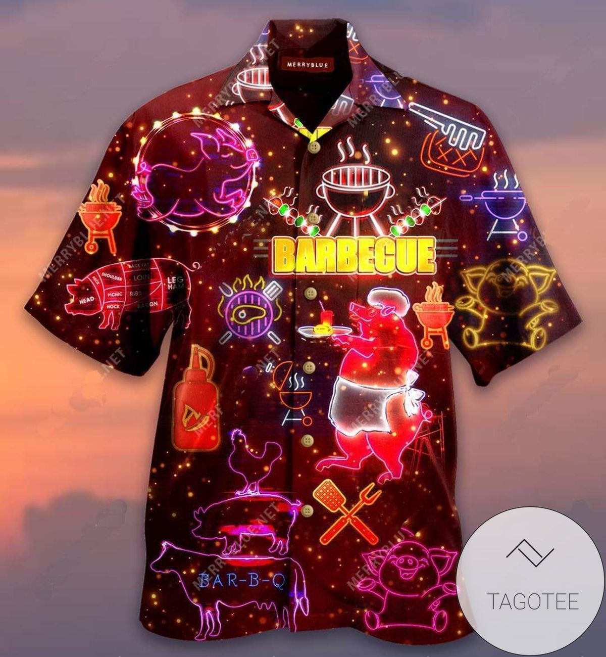 Pig’s Barbecue Adventure Under Illuminating Red Hawaiian Shirt